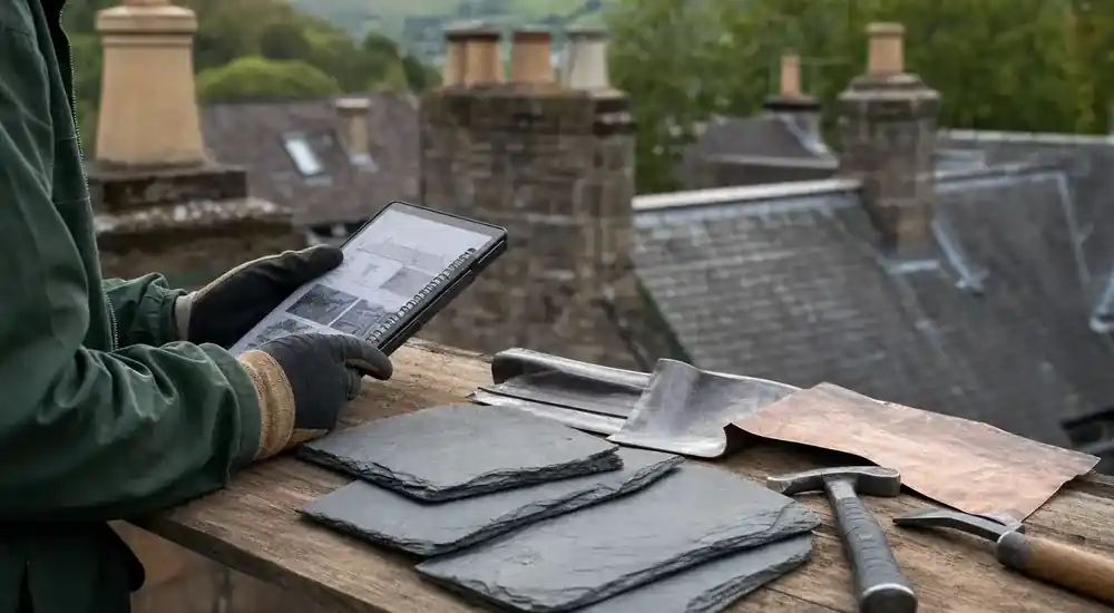 Roofing contractor reviewing roof inspection details on a Scottish property.