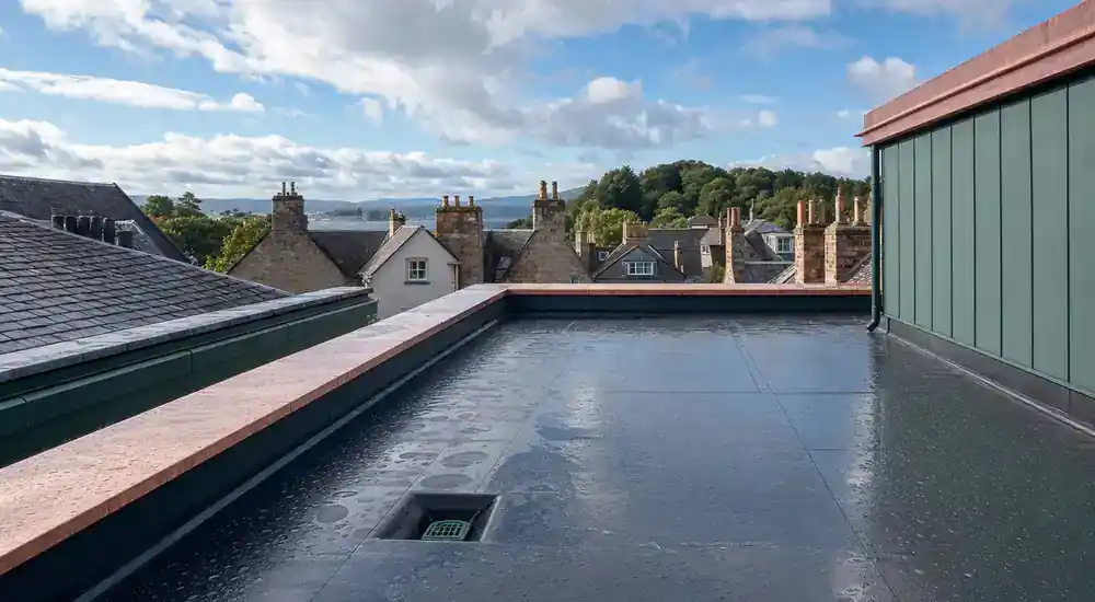 Flat roof membrane, outlet and edge detail being inspected.