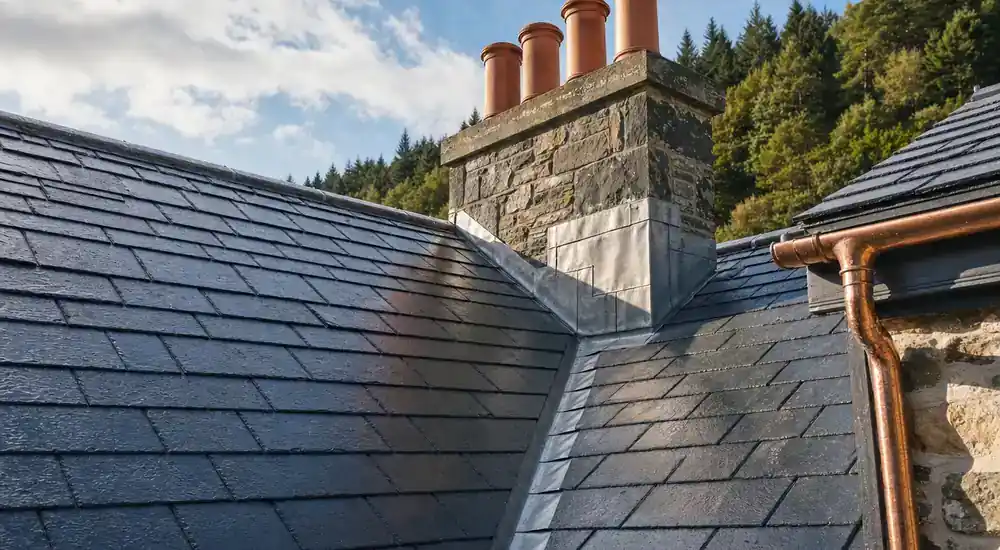 Traditional slate, leadwork and stone roof details on a Scottish heritage building.