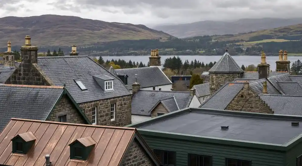 Scottish rooftops and varied property types served by roof repair contractors.