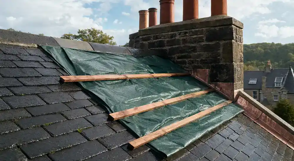 Emergency roof repair context on a Scottish roof.